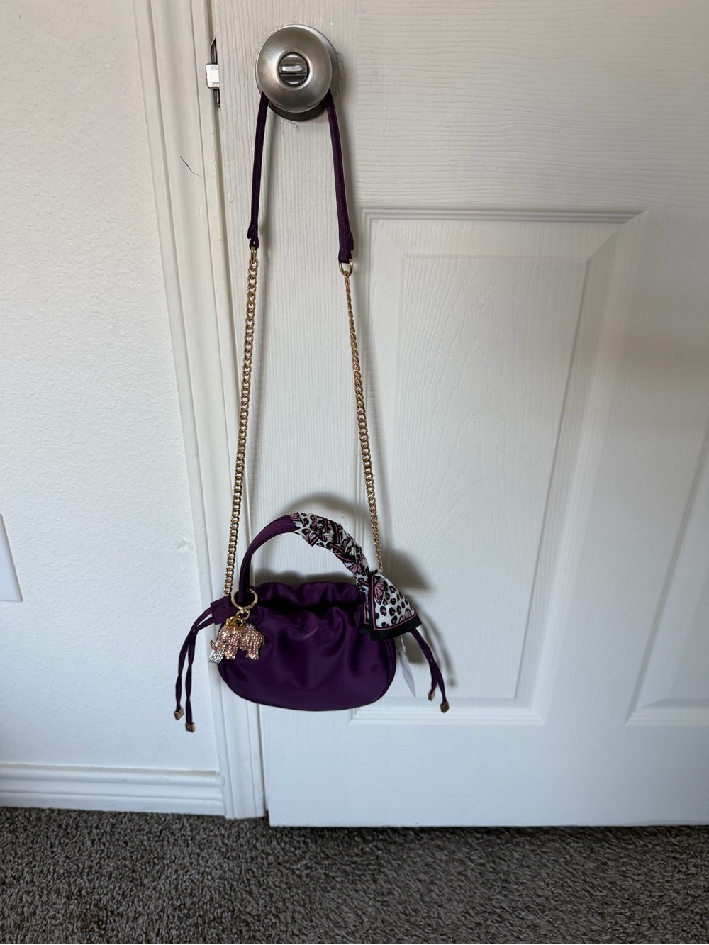 Mini Purple Drawstring Crossbody Bag with Gold Chain Strap